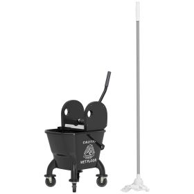 Mop Bucket With Wringer On Wheels For Floor Cleaning, 27.5 Quart Down Press Wringer With Handle And Mop, Black
