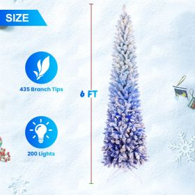 Pencil Christmas Tree Snow Flocked Hinged Artificial Xmas Tree With Gradient Blue Leaves Branch Tips With LED Warm White Lights