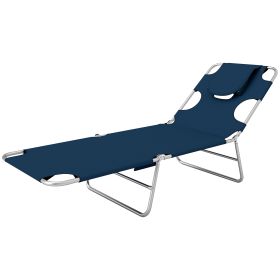 Folding Outdoor Chaise Lounge Sun Tanning Chair With Face Cavity, Pillow, 5-level Adjustable For Beach, Pool, Dark Blue