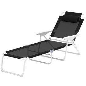 Folding Chaise Lounge, Outdoor Sun Tanning Chair, 4-Position Reclining Back, Armrests, Removable Pillow, Black