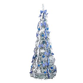 7 FT Snow Flocked Pre-lit Artificial Pop Up Christmas Tree With 200 Warm Lights And Blue & Silver Ornaments For Home Office Store Holiday Deco