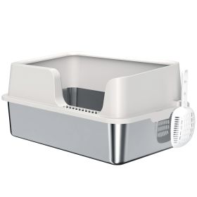 Stainless Steel Litter Box With High Side, Scoop, Easy Cleaning & Anti-Urine Leakage, For Big Cats, Light Gray