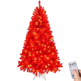 6 FT Pre-lit Artificial Christmas Tree, Hinged Xmas Pine Tree With 800 Branch Tips, 300 Lights And Remote Control For Holiday Party Office Home, Red
