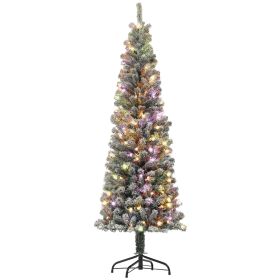 HOMCOM 6 ft Pre Lit Pencil Christmas Tree, Flocked Xmas Tree with Dual Color LED Lights, 429 Branches & Metal Stand for Home Decor, Green
