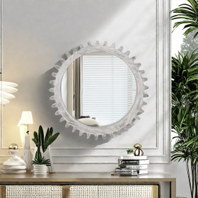 Vintage 26'' x 26'' Wall Wood Round Hanging Gear Shape Heavy Decorative Mirror For Bathroom Living Room Entryway Or Put Together To Your Liking.(