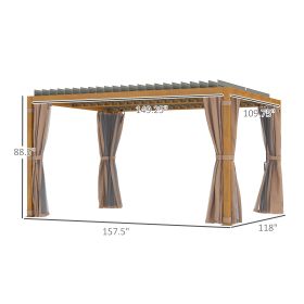 10 X 13 Outdoor Retractable Pergola WSun Shade Louvered Top, Pergola W Canopy, Curtains, Netting, Natural Wood