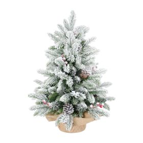 3ft Tabletop Christmas Tree, Snow Flocked Artificial Mini Christmas Tree With 14 Pine Cones & Red Berries, Green