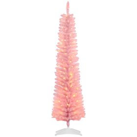 6' Prelit Christmas Trees, Pencil Artificial Christmas Tree with Colorful Surface Branches, Colorful LED Lights, Pink (Option: Pink-870x180x170 mm)