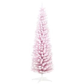 7' Decorated Christmas Tree Snow Flocked Artificial Christmas Tree with Pencil Shape, Realistic Branches, Pink (Option: Pink-1000x240x280 mm)