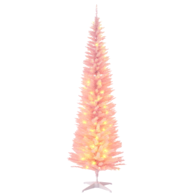 7ft Pencil Christmas Tree, Slim Artificial Christmas Tree with Realistic Branches and Warm White LED Lights, Pink (Option: Pink-910x210x210 mm)