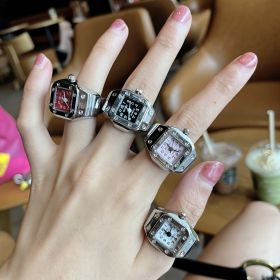 Mini Finger Ring Watch Square Quartz Easy Reader Watch Alloy Case Watch 4 Colors Valentine's Day Gift For Her (Color: Pink, size: all of 4 color)