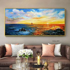 Handmade Hand Painted Wall Art On Canvas Horizontal Panoramic Abstract Modern Landscape Nightfall Sea Sky Home Living Room hallway bedroom luxuri (size: 75x150cm)