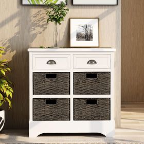 Rustic Storage Cabinet with Two Drawers and Four Classic Rattan Basket for Dining Room/Entryway/Living Room (Color: White, Material: Solid Wood)