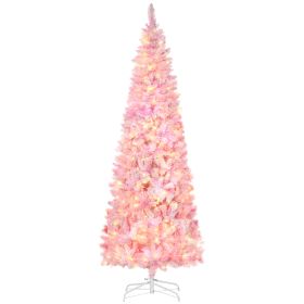7.5ft Prelit Snow Flocked Artificial Christmas Tree with Pencil Shape, Pine Realistic Branches, Warm White LED lights, Auto Open, Pink and White (Option: Pink-1040x270x290 mm)